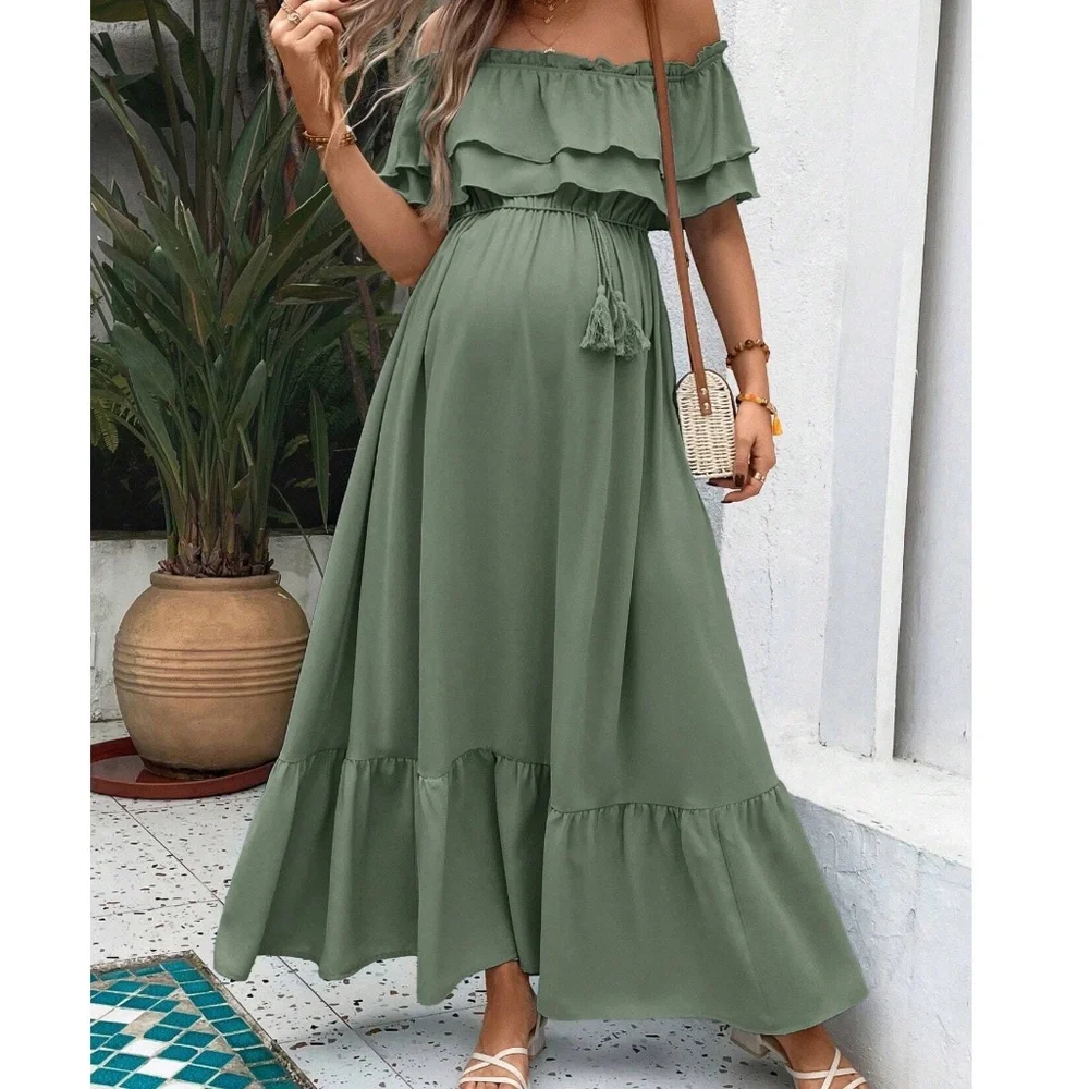 Maternity Off Shoulder ruffle Hem Stretchy Waist Maxi Dress - Picture 2 of 8